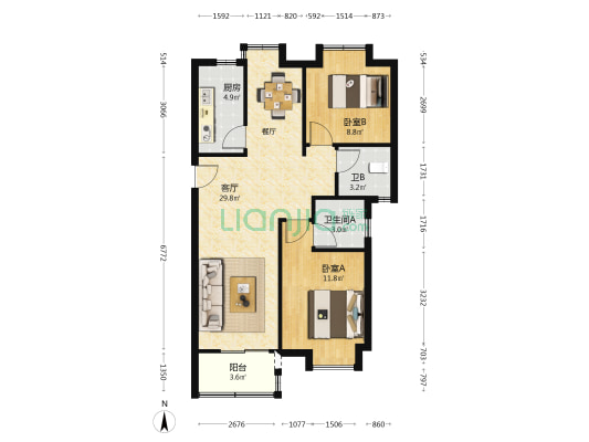 旗山苑 2室1厅2卫 92平方