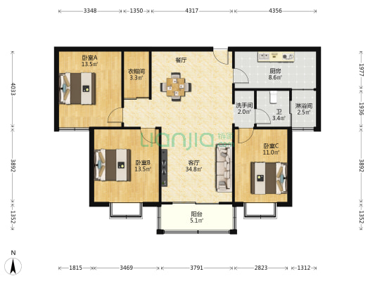 三环花园 3室1厅3卫 127平方