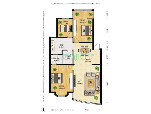 东陆城 3室2厅2卫 119平方