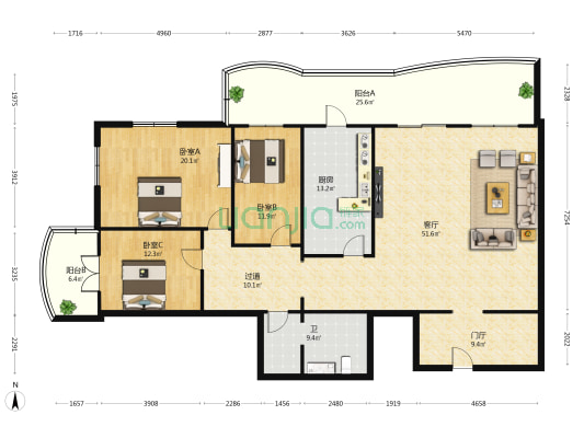 太阳居公寓 3室1厅1卫 234平方