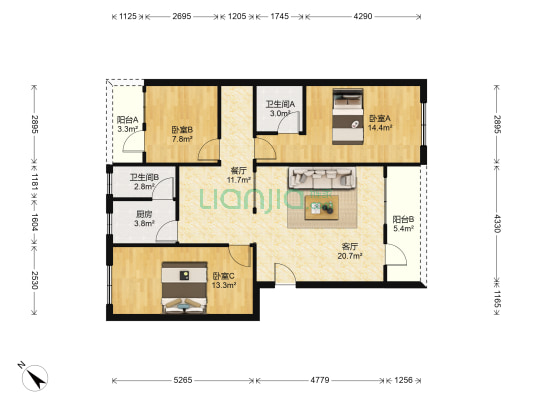 阳光住宅小区 3室2厅2卫 92平方