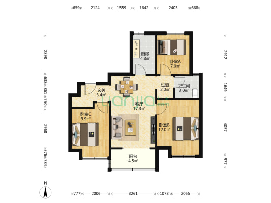 万科北宸之光A2鹿园 3室1厅1卫 95平方