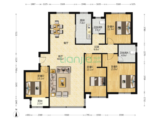 华皓汉峪小区一区 4室1厅2卫 169平方