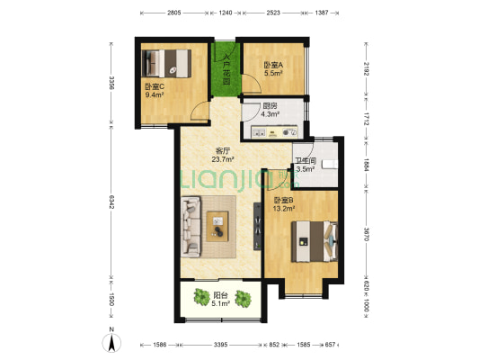 橄榄城 3室1厅1卫 88平方