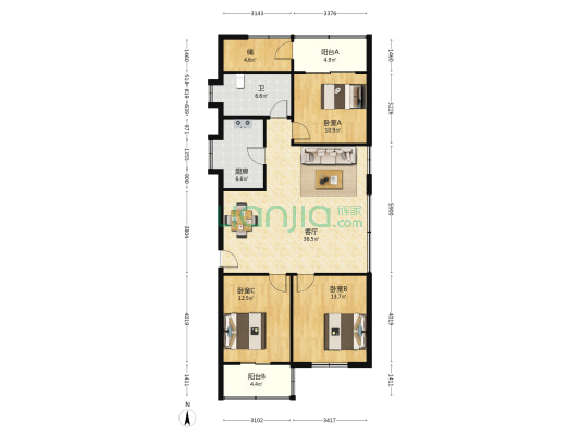 天心雅阁 3室1厅1卫 122平方