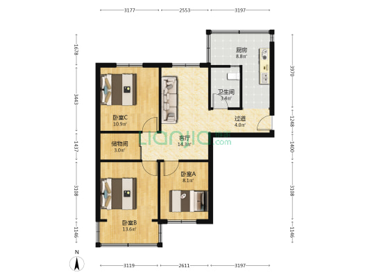 矿务局小区 3室1厅1卫 73平方