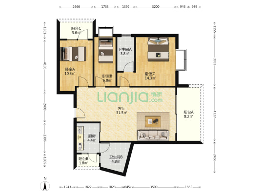丽庭轩 3室1厅2卫 104平方