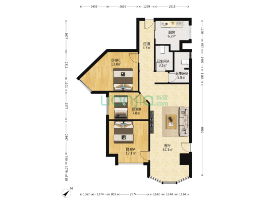 观音桥25号 3室1厅2卫 124平方