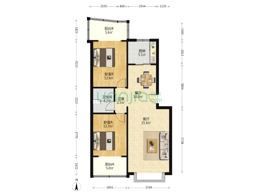 新府阳光 2室2厅1卫 95平方
