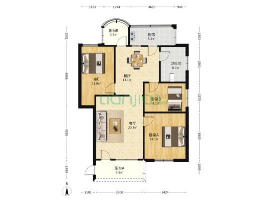 中环小区 3室2厅1卫 97平方