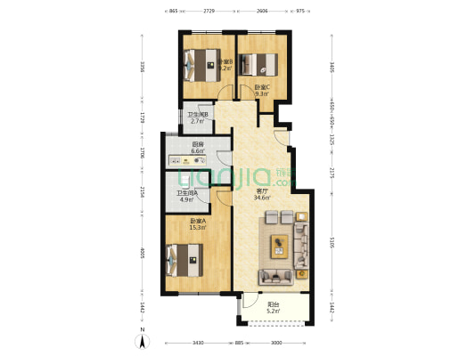 花园社区桃源新都孔雀城洋房三居出售-户型图