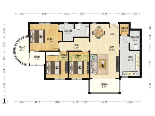 万都花园(普陀) 3室1厅2卫 129平方