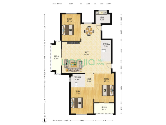 阳光花园二期 3室1厅2卫 154平方
