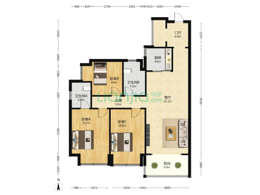 五源河公寓三期F区 3室1厅2卫 124平方