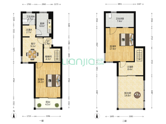 红旗花园A区 2室1厅2卫 61平方
