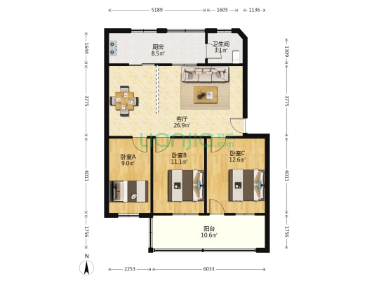 湖南省轻工业品进出口公司宿舍 3室1厅1卫 94平方