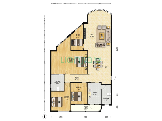 巴黎花园 4室1厅2卫 157平方