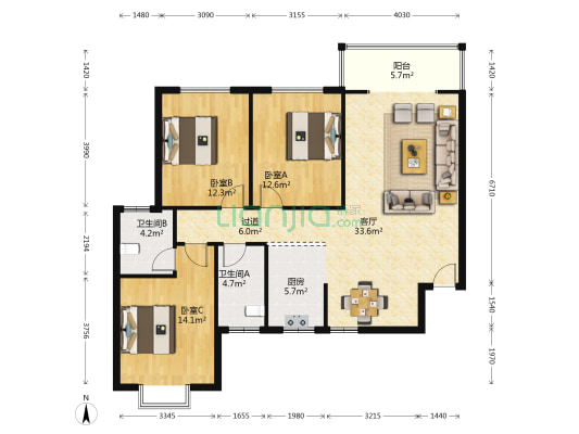 大为时代家园 3室1厅2卫 124平方