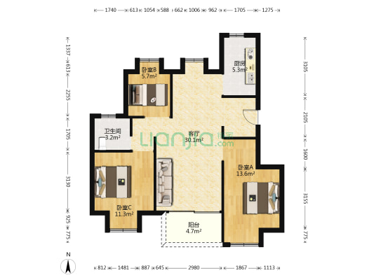 谷丰东城府 3室1厅1卫 89平方