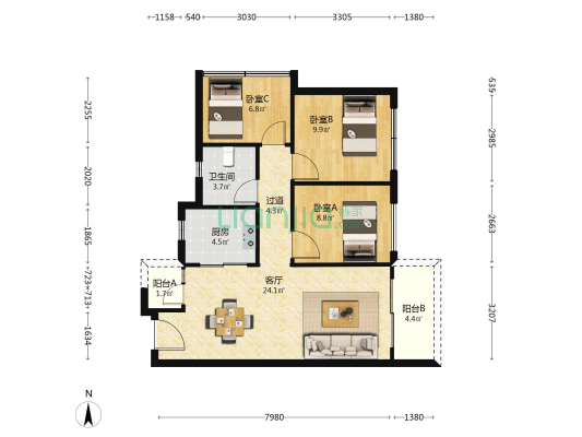 龙光·玖云台 3室1厅1卫 80平方