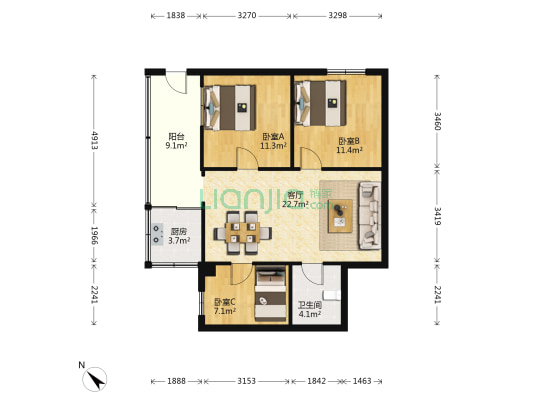 京穗花卉大厦 3室1厅1卫 91平方