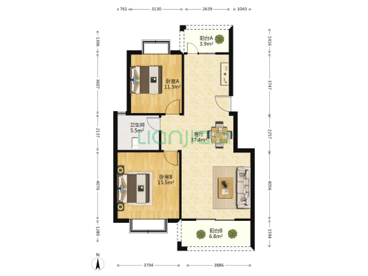 心泊荷花苑 2室1厅1卫 93平方