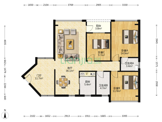 御景东方一期 3室1厅2卫 113平方
