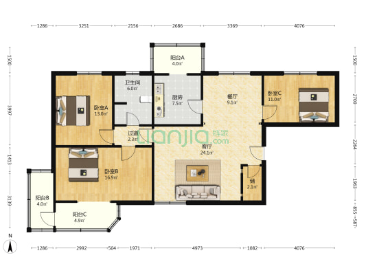 晋府公寓 3室2厅1卫 147平方