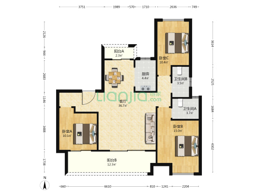 建业徽创新筑 3室1厅2卫 125平方