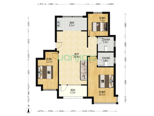 开发商自带装修， 南北通透三居 三面朝南  。-户型图