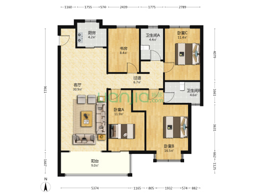 星河国际三区 4室1厅2卫 139平方