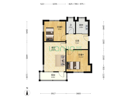 合作化北路54号 2室1厅1卫 67平方