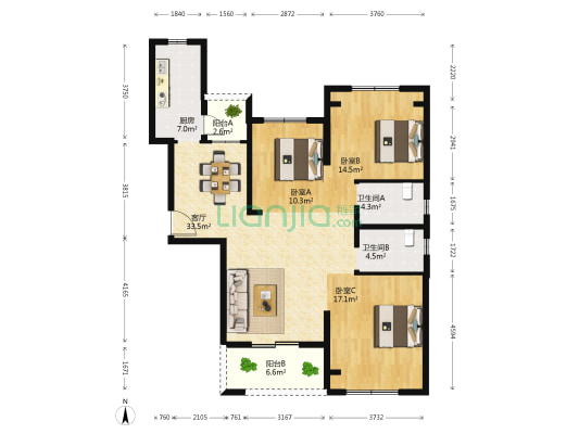升华翡翠城 3室1厅2卫 127平方