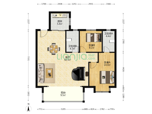 中庚.香城云开 2室1厅2卫 117平方