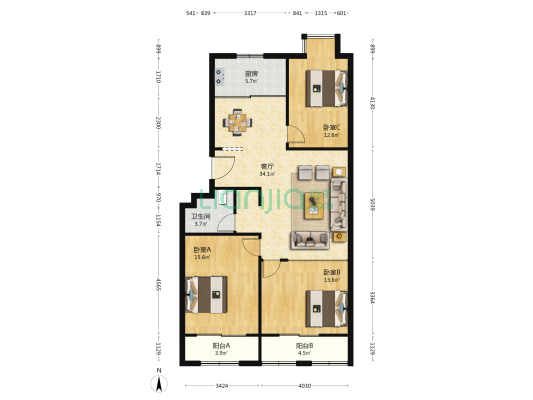 新阜名邸 3室1厅1卫 127平方