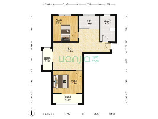 香溪谷精装两居，南北通透户型，花园式社区-户型图