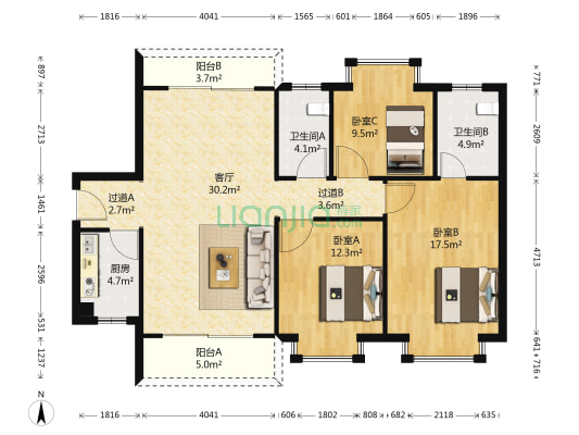 城市花园海棠苑 3室1厅2卫 123平方