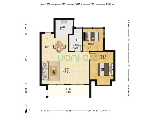 龙湖文德春江天越 2室1厅1卫 92平方