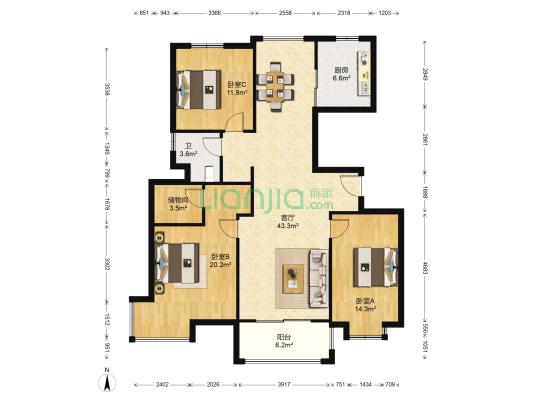 申鑫名城 3室1厅1卫 138平方