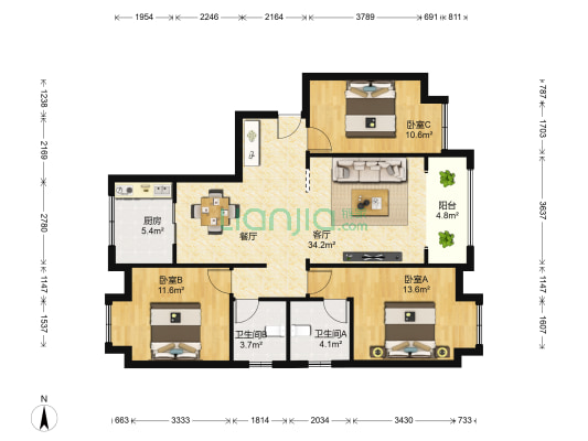 万众太阳城 3室1厅2卫 129平方