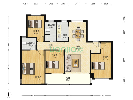 中建星光城市 4室1厅2卫 139平方