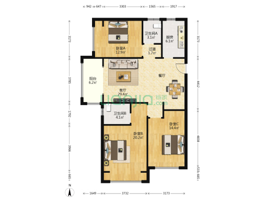 瀚宇天悦湾7号院 3室1厅2卫 126平方