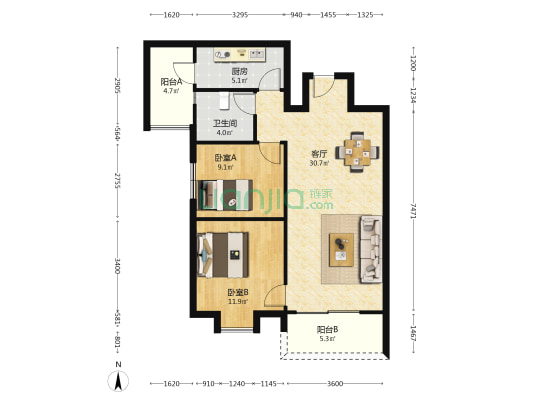 假日轩 2室1厅1卫 90平方