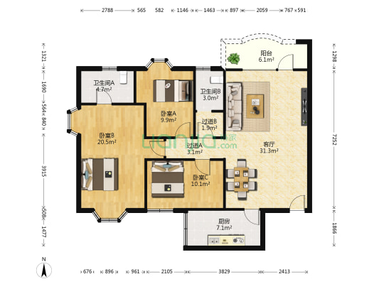 绅宝花园 3室1厅2卫 116平方