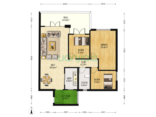 珠光流溪御景 2室1厅1卫 109平方