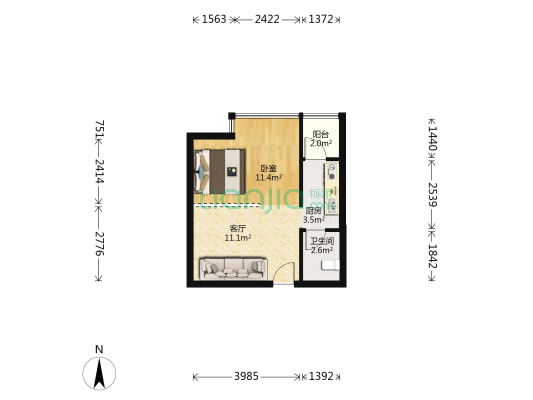 凯轩云顶 1室1厅1卫 42平方