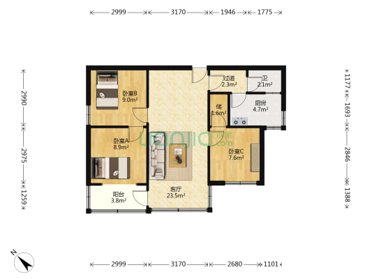 斌鑫新华苑一期 3室1厅1卫 97平方