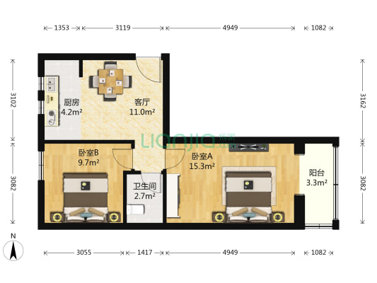 玉泉路西街2号院 2室1厅1卫 57平方