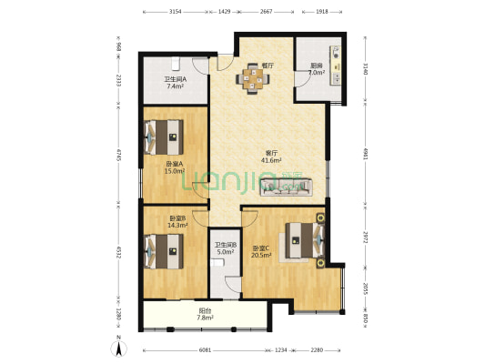 财富广场 3室1厅2卫 145平方