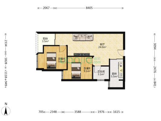 龙润尚城B区 2室1厅1卫 65平方